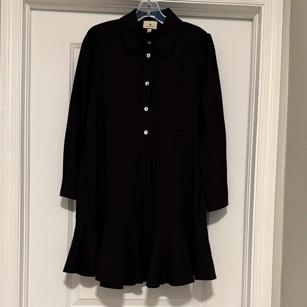 Tuckernuck Black Crepe Callahan Shirt Dress with Ruffle Hem